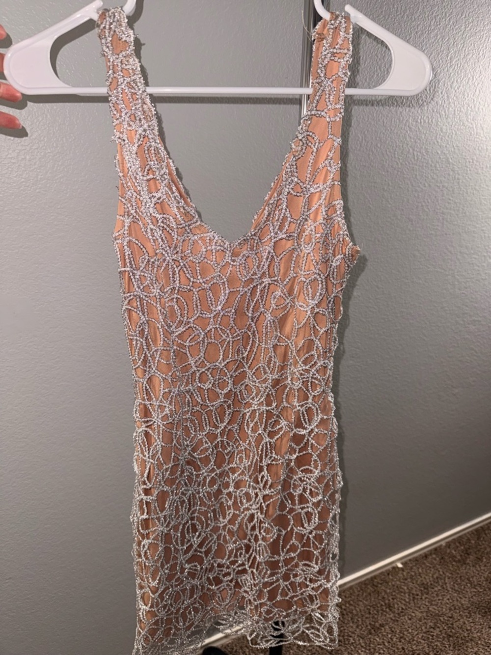 Forever 21 Nude Mini Dress with Silver Beaded Overlay